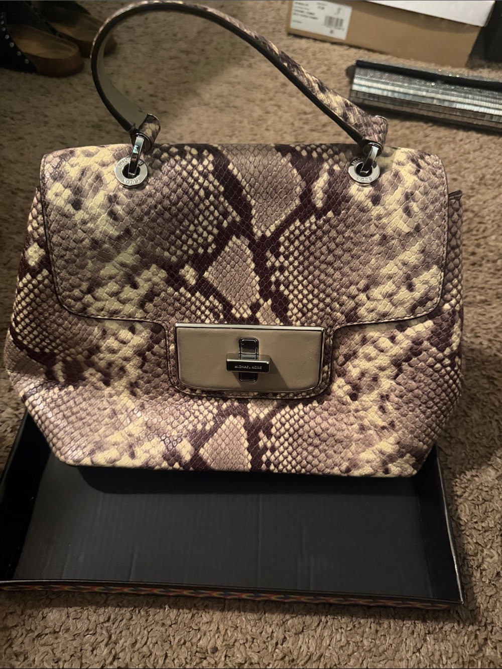 Michael Kors Snake-Embossed Satchel in Beige and Brown